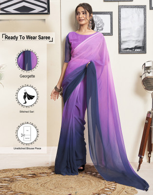Samah Dyed, Solid/Plain Bollywood Georgette Saree(Pink, Dark Blue)