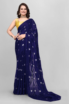 Triveni Fab Embroidered Daily Wear Viscose Rayon Saree(Dark Blue)
