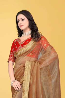 Brahmani Creation Embroidered Banarasi Georgette Saree(Brown)