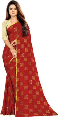 JV Fashion Applique Chanderi Chiffon Saree(Red)