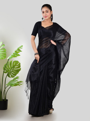 Shaw Creation Solid/Plain Handloom Handloom Tissue Saree(Black)