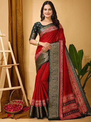 Anouk Rustic Printed Tant Silk Blend Saree(Red)