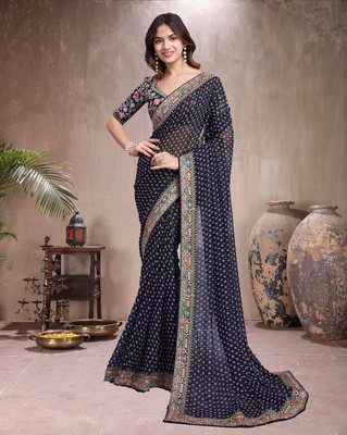 RamKrupa Creation Printed Bandhani Georgette Saree(Black)