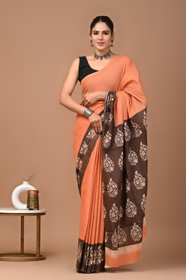 Tetarwal Printed Ikkat Pure Cotton Saree(Orange)