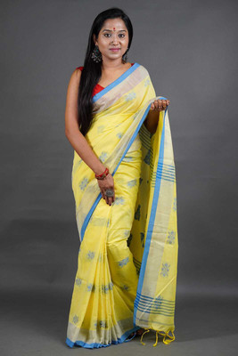 SaradaTextile Printed Handloom Pure Cotton Saree(Yellow)