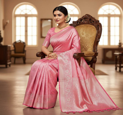Linenspun Paisley, Self Design, Woven, Embellished Kanjivaram Art Silk Saree(Pink)