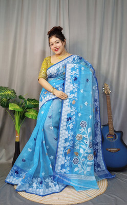 ANU INDIAN FASHION Woven, Floral Print Jamdani Cotton Blend Saree(Light Blue, White)