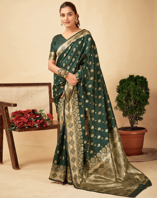 SATQ Woven, Floral Print, Paisley, Self Design Banarasi Jacquard Saree(Green)