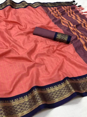 yourwish Woven, Checkered, Embellished, Self Design Daily Wear Jacquard, Cotton Silk Saree(Orange)