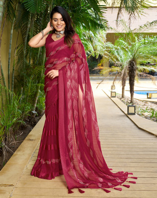 SIRIL Dyed, Embellished Bollywood Chiffon Saree(Pink)