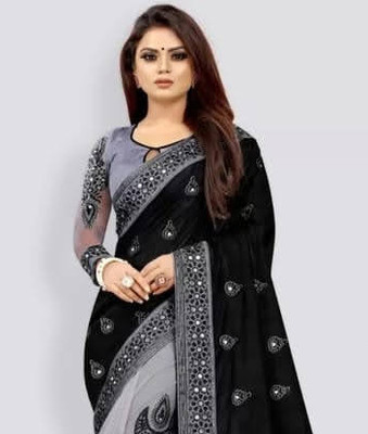Anugrah Textile Printed Banarasi Lycra Blend, Chiffon Saree(Black, Grey)