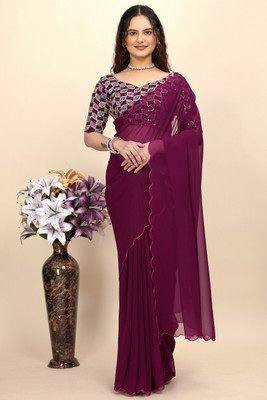 SHIV FASHION Embroidered, Solid/Plain Bollywood Georgette Saree(Purple)