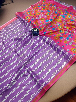 WILLMAKE Printed, Applique, Embellished, Floral Print, Woven Bollywood Cotton Linen Saree(Purple)