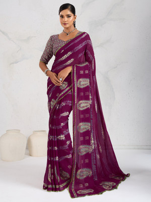 Tasrika Paisley Hand Batik Georgette Saree(Purple)
