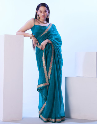 Samah Embellished, Solid/Plain, Self Design Bollywood Net Saree(Blue)