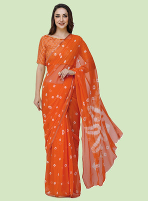 SainiVastra Printed Bandhani Chiffon Saree(Orange)