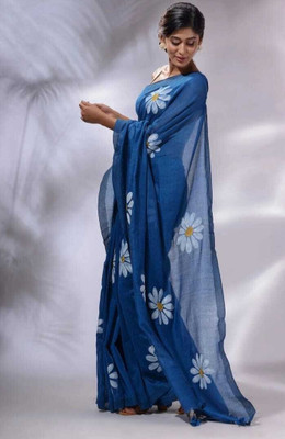 Aquiliq Floral Print Handloom Pure Cotton Saree(Blue)