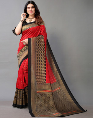 Samah Printed Banarasi Silk Blend Saree(Red, Black, Beige)