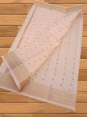 Happy Creation Printed Tant Handloom Cotton Blend Saree(White, Blue)