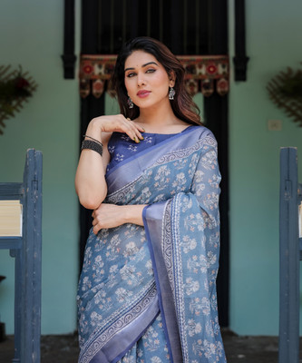 maharani couture Digital Print Handloom Cotton Linen Saree(Blue)