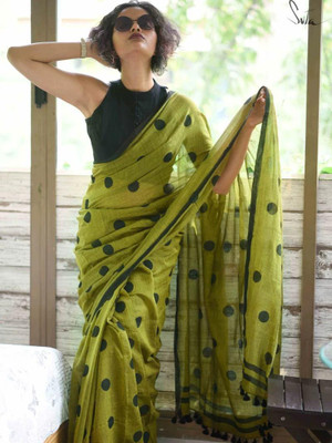 Roy saree center Polka Print, Striped, Woven, Embroidered Handloom Mulmul Saree(Green)