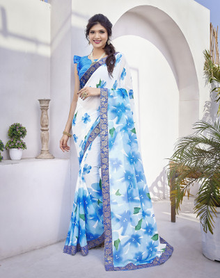 YASHIKA Printed Bollywood Georgette, Lace Saree(Blue)