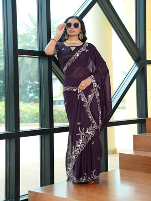 Tasrika Embellished, Embroidered Bollywood Silk Blend Saree(Purple)