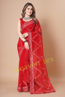 Meaven feb Embroidered Bollywood Net Saree(Red)