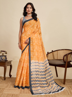 VISVASTA Woven, Self Design, Striped, Dyed, Printed, Embellished Bollywood Linen Saree(Yellow)