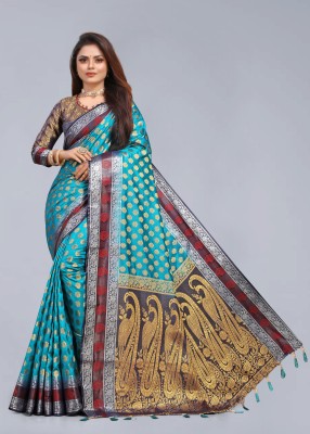 FINE WEAR Woven Banarasi Cotton Silk Saree(Light Blue)