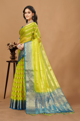 Aarunika LGF Striped Bollywood Organza Saree(Yellow)