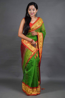HouseOfCommon Solid/Plain Handloom Cotton Silk Saree(Green)