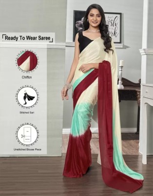 Jilani Fashion Color Block Bollywood Chiffon Saree(Cream, Maroon, Blue)