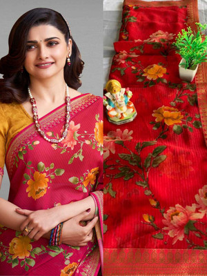 BLEESBURY Floral Print Bollywood Georgette, Chiffon Saree(Red)