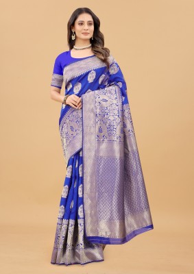 Hinayat Fashion Self Design, Printed, Embroidered, Woven, Embellished Kanjivaram Silk Blend, Jacquard Saree(Light Blue)