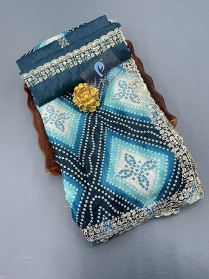 Pionex Printed, Geometric Print Bandhani Chiffon Saree(Blue)
