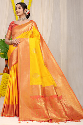 sarjan creation Woven Banarasi Jacquard Saree(Yellow)