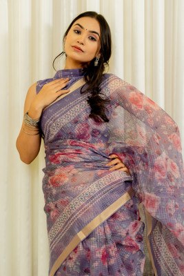 MIRCHI FASHION Printed, Floral Print Kota Doria Polyester Saree(Purple, Multicolor)