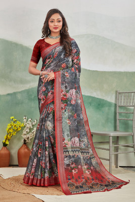 JERAVI Enterprise Digital Print Mysore Cotton Linen Saree(Blue, Maroon)