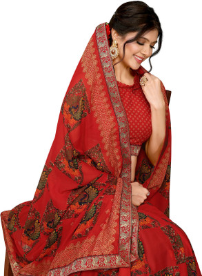 Priyashi Printed Bollywood Georgette, Lace Saree(Red)