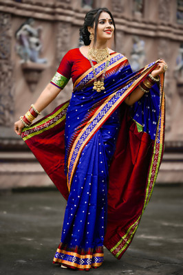 Afronza Temple Border, Woven, Striped, Self Design Sambalpuri Silk Blend, Pure Silk Saree(Dark Blue)
