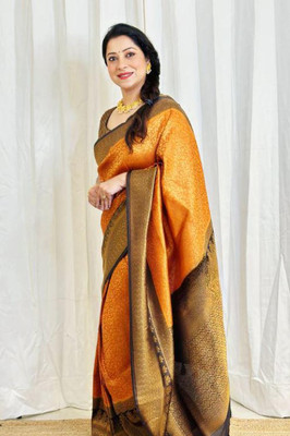 Flosive Self Design Banarasi Pure Silk Saree(Yellow)
