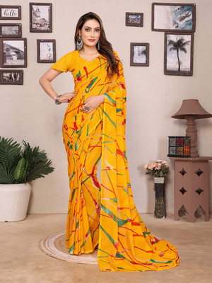 Moda Rapido Printed, Self Design, Striped Daily Wear Georgette Saree(Yellow)