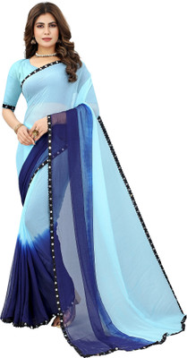 A To Z Cart Color Block Bollywood Chiffon Saree(Blue, Light Blue)