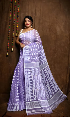 pal saree mahal Printed Jamdani Cotton Silk Saree(Blue)