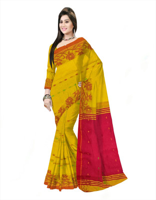 Pradip Fabrics Woven Tant Silk Blend Saree(Yellow, Red)
