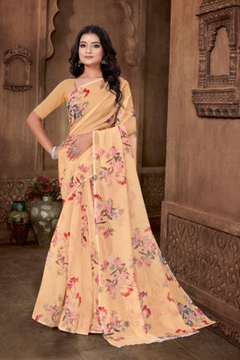 HIYAMI Floral Print Bollywood Georgette Saree(Beige)