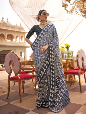 Elora Printed Saree with Attached Blouse Silk Blend Saree(Blue)
