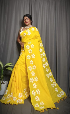 WeaveAura Floral Print Handloom Cotton Blend Saree(Yellow)
