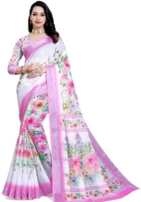 VCREATION Digital Print Bollywood Linen Saree(White)